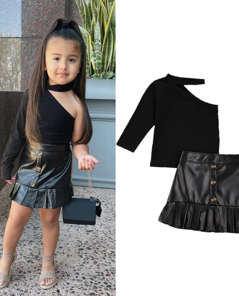 1 5y Fashion Girls Clothes Autunno 2 pezzi Set Halter Una spalla Solid T-shirt Ruffles Monopetto Pu Gonne in pelle