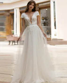 Abito da sposa principessa 2022 donne bohemien scollo a V applicazioni in pizzo A Lin