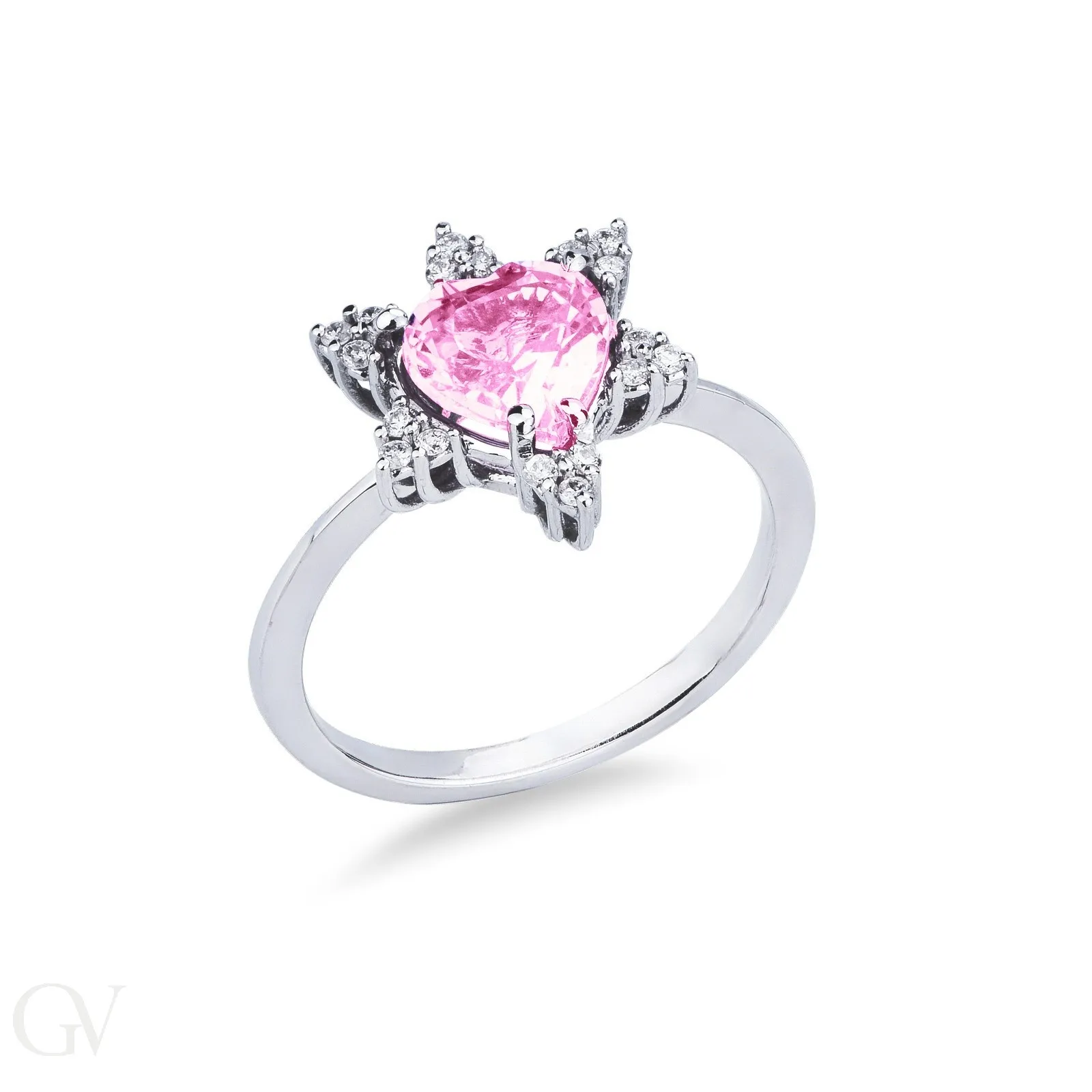 Anello in oro bianco 18k con zaffiro rosa a cuore e 6 petali in diamanti