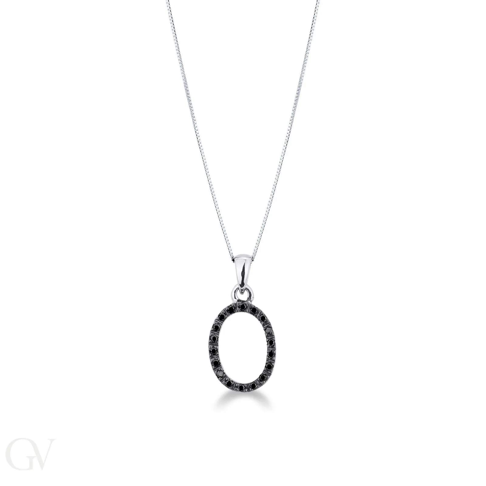 Collana lettera O in oro bianco 18k con diamanti neri