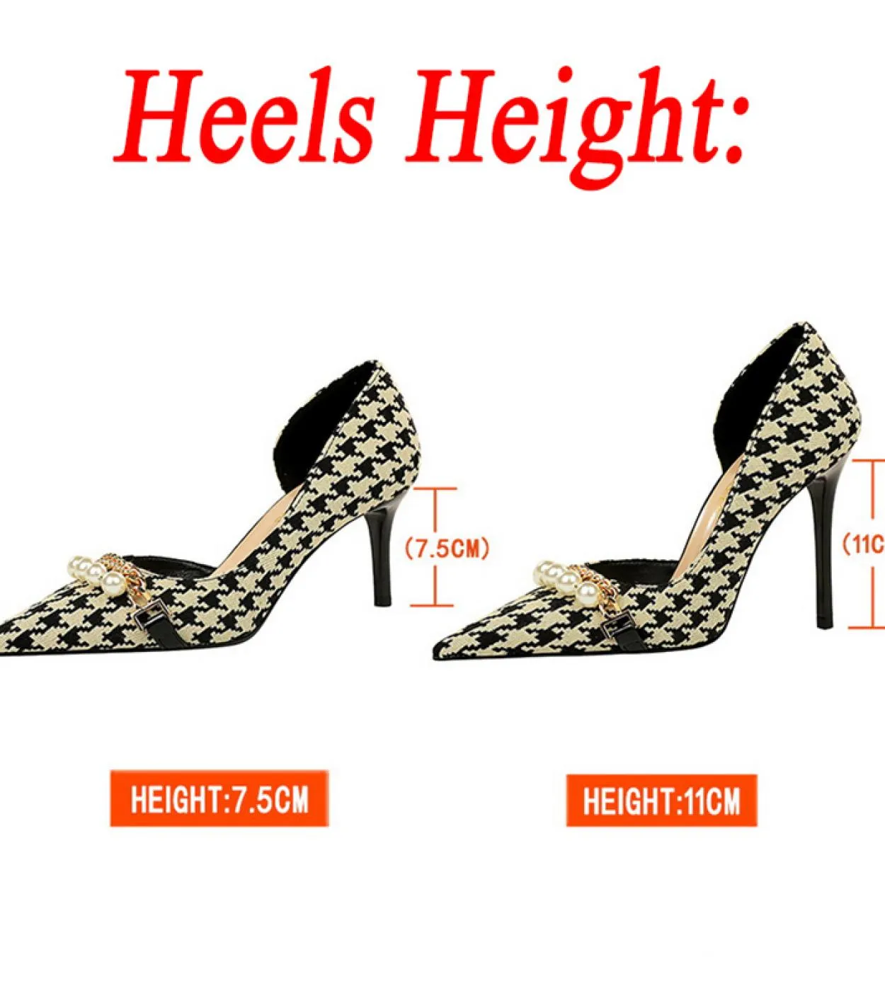 Décolleté con tacco alto da donna 7,5 cm 11 cm Décolleté con tacco medio basso Lady Pearl Metal Chain Scarpins Slip On Scarpe a