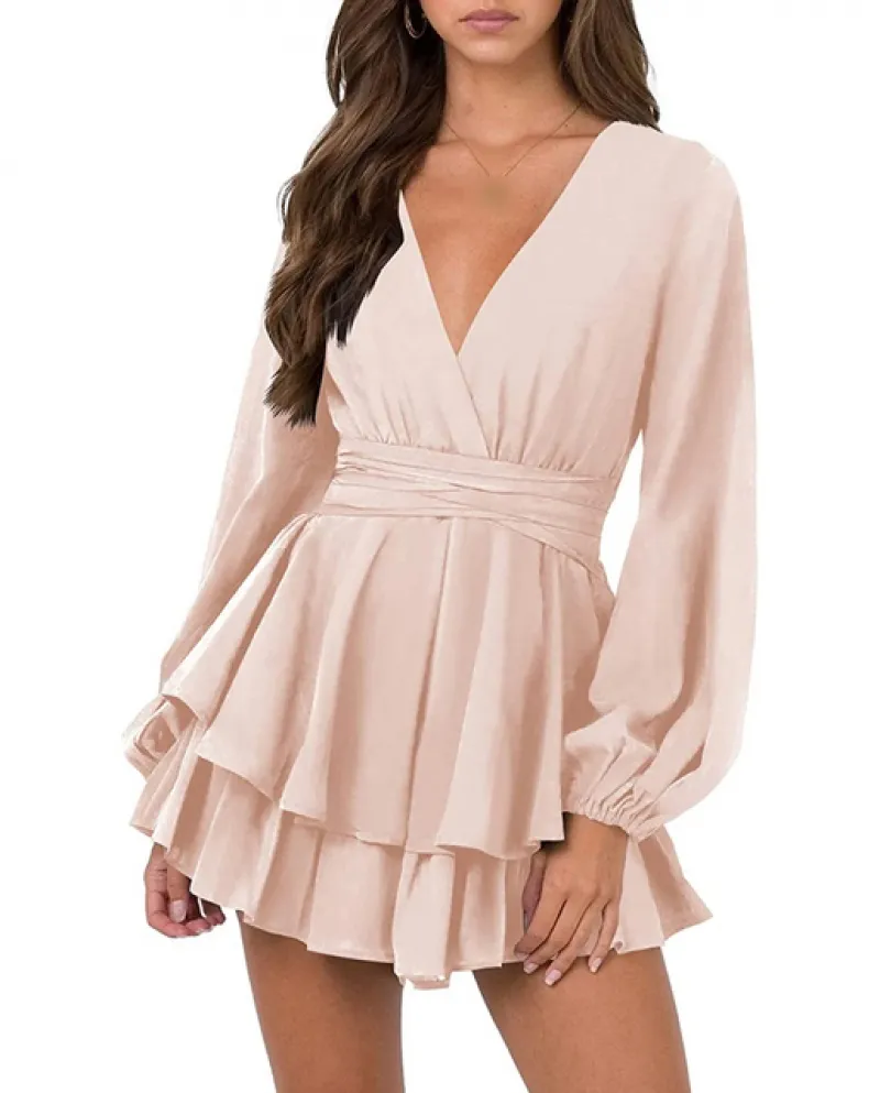 Kayotuas Abito da donna a pieghe Primavera Autunno Vita alta Scollo a V con balze Orlo Office Ladies Elegante Chic Girls Streetw