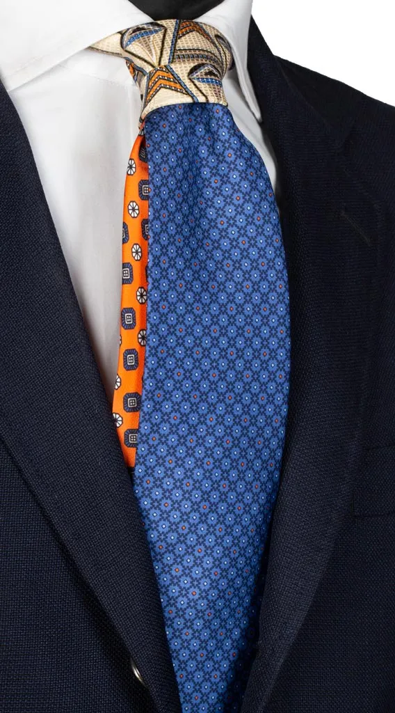 Man Deep Blue Printed Silk Tie Beige Contrast Knot N2364