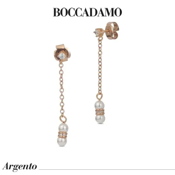 Orecchini pendenti placcati oro rosa con punto luce di zirconi e perla     